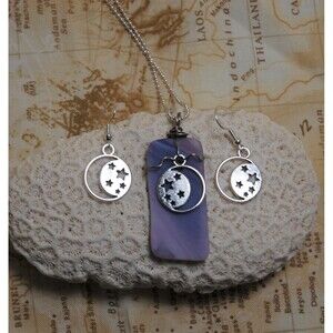 Purple Sea Glass Style Moon Stars Necklace and Earring Set Handmade Wire Wrapped